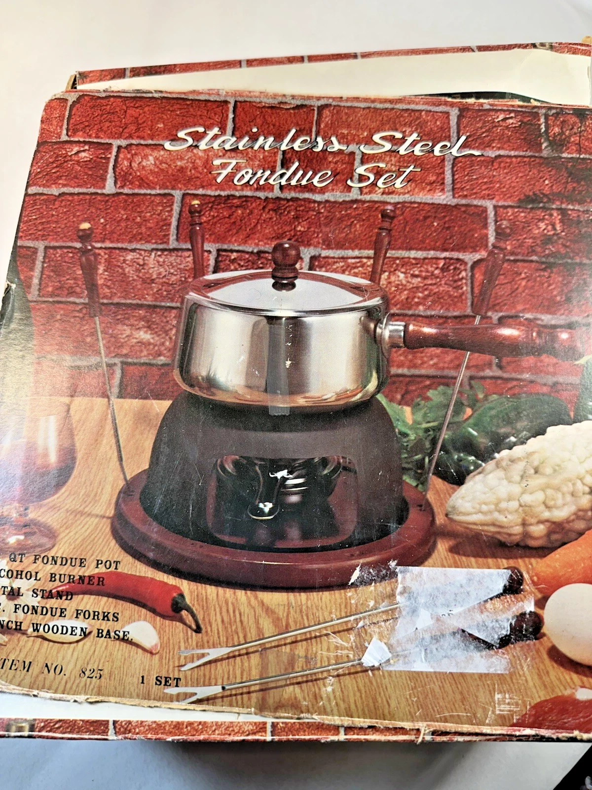 Vintage Fondue Pot Set Stainless Steel Wood Base Metal Stand 6 Forks -Never Used