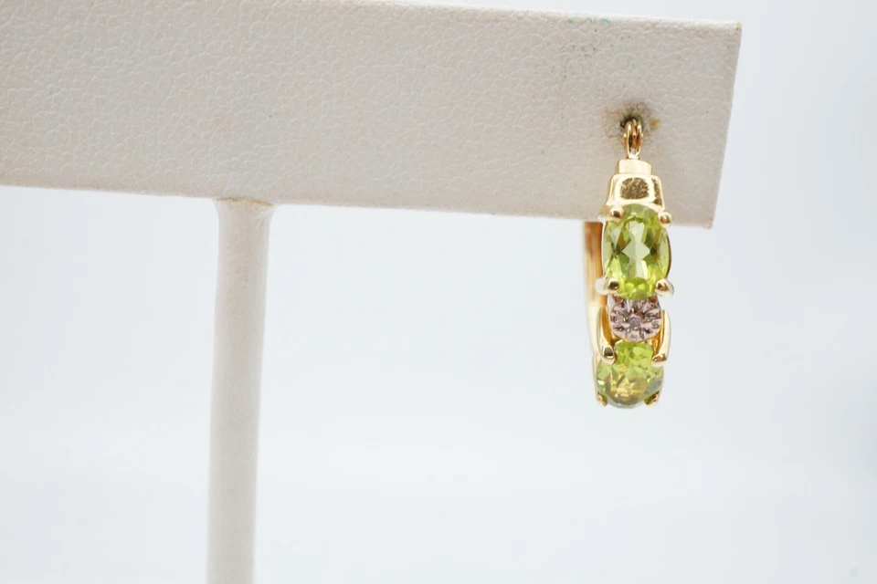 10k Yellow Gold Peridot Diamond Hoop Earrings - Image 3 of 4