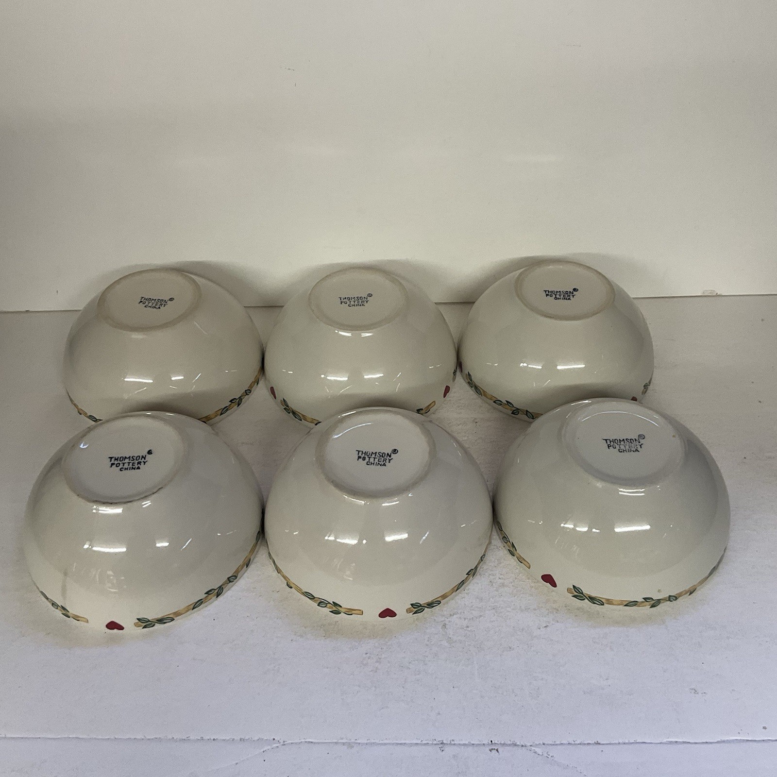 Set of 6 Thomson Pottery Casuals Birdhouse Hearts 6 " Cereal Soup Bowls Beige