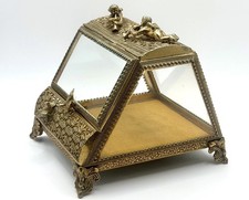 Vintage Gilt Ormolu Jewelry Casket Vanity Beveled Glass - Angels Cherubs Doves