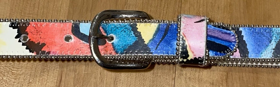 Cinturón Mujer Vintage Años 80 Abstracto Retro Mod Cuero Hippie Artístico Cuentas Tachuelas Foto 4 de 4