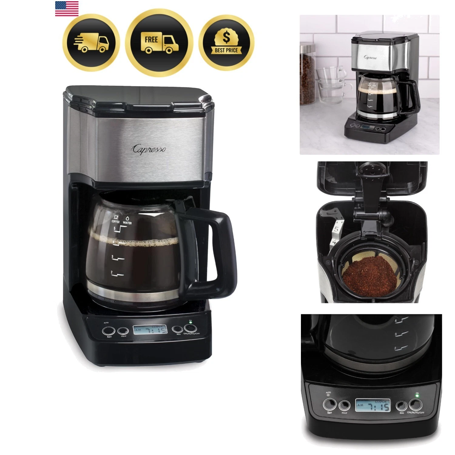 5-Cup Mini Drip Coffee Maker, Black and Stainless Steel