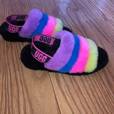 UGG Slippers Black Multi Color Fluff Yeah Slide Sandals Shoes size 7 soft fuzzy