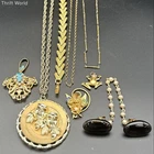 Vintage Gold Tone Costume Jewelry Lot of 8 Necklaces Bracelet Brooch Earrings