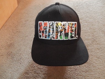 MARVEL BLACK SNAP BACK CAP HAT AVENGERS CHARACTERS EMBROIDERED ACRYLIC WOOL POLY