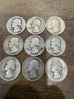 Lot Of (9) Washington Quarters 90% Silver Circulated Ungraded Lot 1