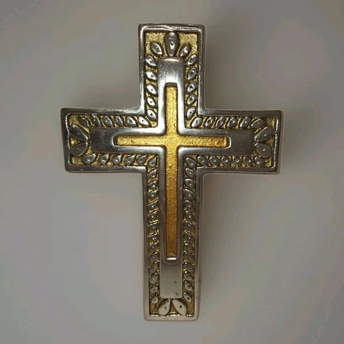 Molded Aluminum Wall Cross Detailed Silvertone Gold Painted Accents Mexico Art