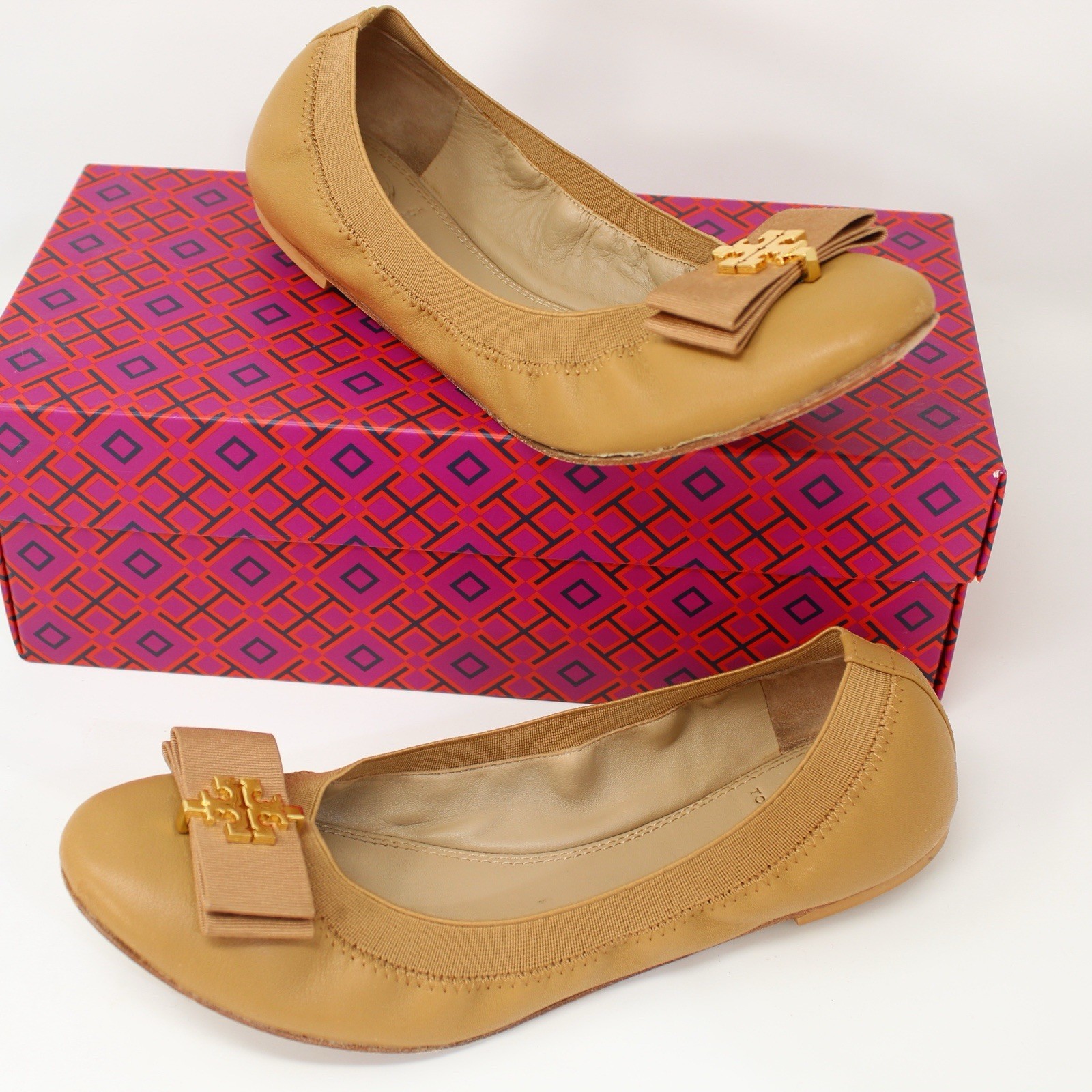 Tory Burch Sedgewick Ballet Flat 8.5 Blond 203 Leather Gold Logo Grosgrain Bow thumbnail 15