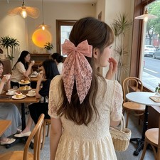 Pink Lace Embroidered Bow Hair Clip, Double Layer Ribbon Barrette for Women