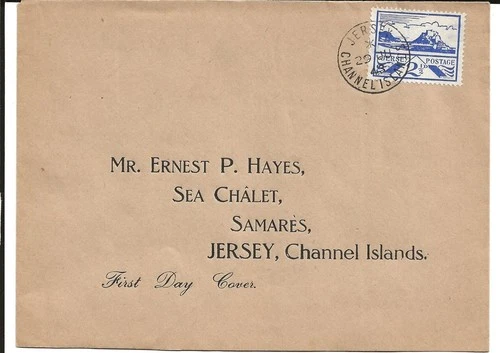 Jersey, FDC, 1943 to Samares, pre printed envelope, blue 2.5d