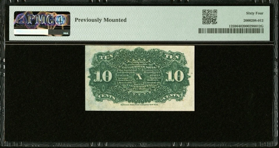 FR# 1259 Fractional 1869 Union Currency 10c Bank Note Fourth 4th Issue, PMG 64 - Image 2 of 4