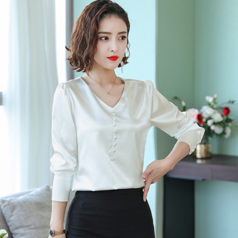 Womens Imitated Silk Satin Business Shirt Slim Satin Blouses