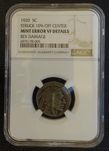 1920 Buffalo Nickel Error Stuck 10% Off Center NGC VF-Det. Rev Damage #005