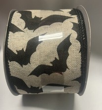 2 1/2  x 20 Ft Wired Ribbon. Halloween Or Fall. Bats On beige.