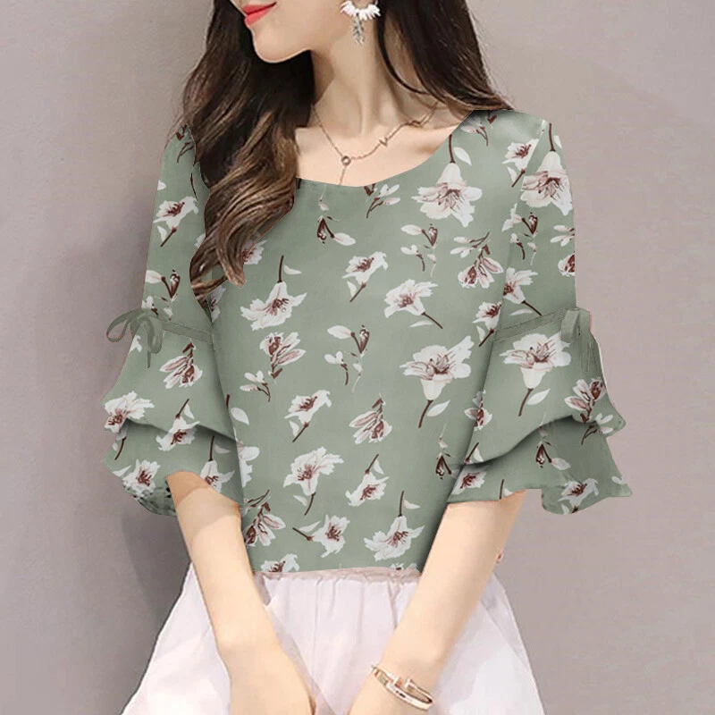 Blusa pulôver feminina verão gola O estampada manga curta casual solta - Imagem 3 de 4