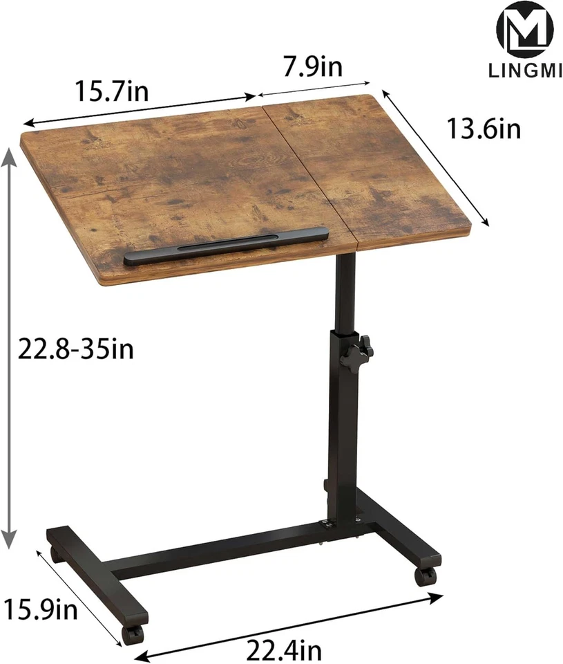 Sobrecama Mesita de noche Móvil Rodante Laptop Soporte Inclinable Sobrecama Mesa con Rueda Foto 3 de 4