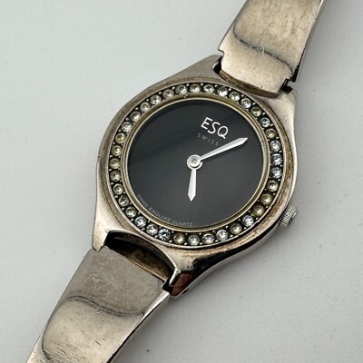 ESQ Swiss Quartz Watch 100562 Women Silver Steel Black Dial New Battery 6''