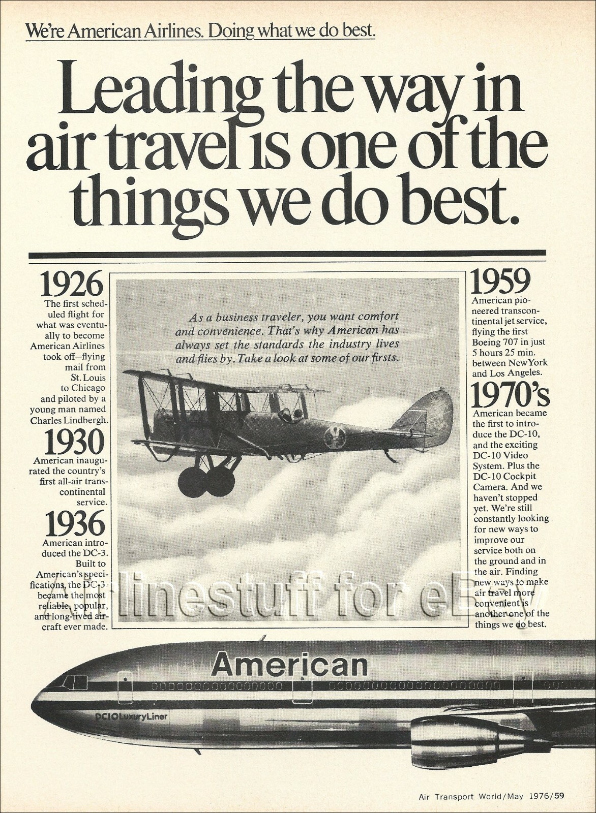 1976 AMERICAN AIRLINES McDonnell Douglas DC-10 LuxuryLiner PRINT AD advert  – ASA College: Florida