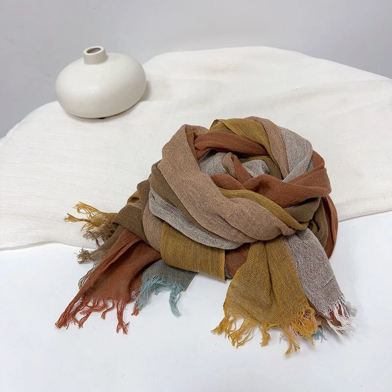 Мужской льняной льняной шарф цветной полоски дышащий унисекс украл шаль шейный платок - Изображение 4 из 4