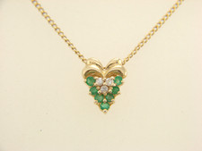 14K Yellow Gold Natural Emerald and Diamond Pendant Necklace 15" Cable Chain