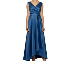 NEW ALEX EVENINGS BLUE SATIN MAXI FIT AND FLARE DRESS SIZE 16 P PETITE 179