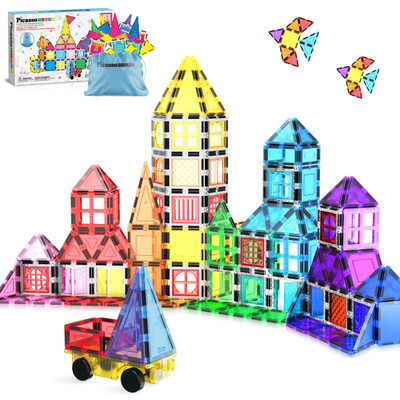 Picassotiles Magnetic Tiles for Kids with Tote Bag  61PCS STEM Construction Buil
