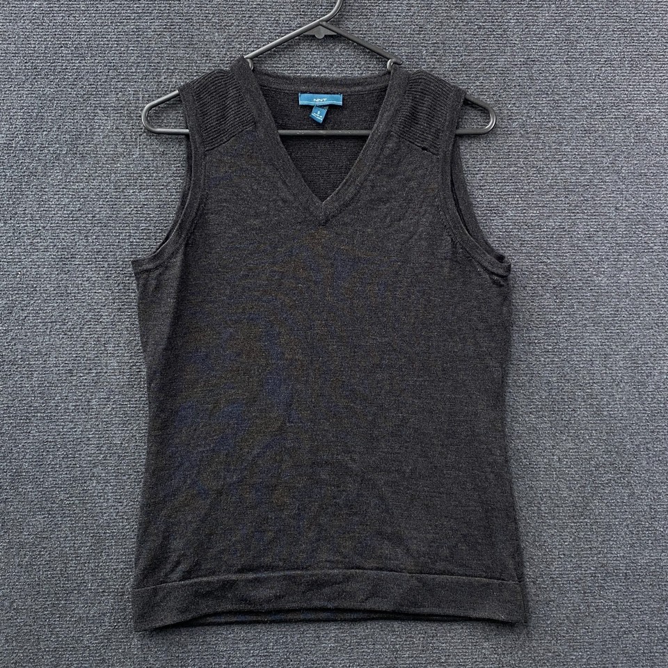 NNT Womens Wool Knit V-Neck Sweater Vest Charcoal Grey Sleeveless Casual Size S