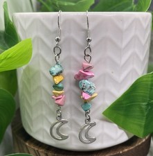 2.25  Earring Set Silver-tone Boho Stone Chips Dangle Drop New Moon B7330