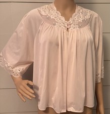 Vtg Shadowline Bed Jacket Robe Sheer Nylon Pale Pink Medium Lace Rosebuds 1960s