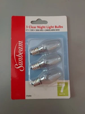 Sunbeam 3 Clear Night Light Bulbs C7 7W 130V 3000 HRS Candelabra Base - Image 1 of 2