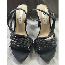 Nina New York Sandals 7M Black Glitter Multi-Strap Block Heel Evening Shoes