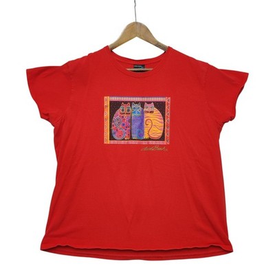 Laurel Burch 90s Artsy 3 Cat T-Shirt Women's XL Red Short Sleeve Pullover
