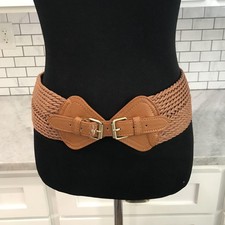 Woven Stretch Waist Belt Womens One Size Brown Wide Double Buckle Faux Leather
