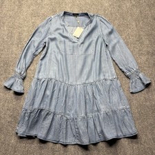 Quince Dress Womens M Blue Chambray Tencel Tiered Long Sleeve Mini BOHO NEW
