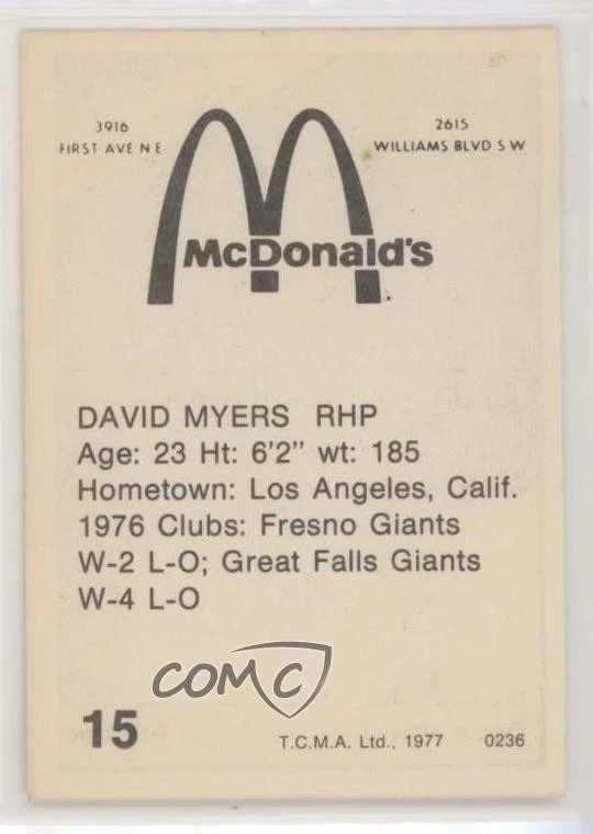 1977 TCMA Minor League David Myers #0236 - Image 2 of 2