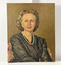 Vintage portrait oil on canvas, woman midcentury painting, realistic oil