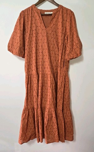 NWT Roller Rabbit Terracotta Eyelet Midi Puff Sleeve Dress