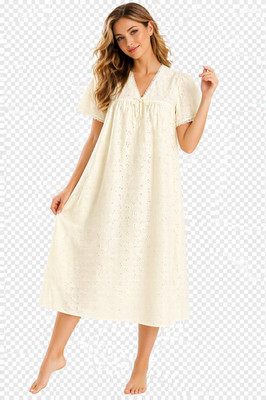 Damen Broderie Anglaise Kurzarm V-Ausschnitt Nachthemd bequem Nachthemd/ Kleid