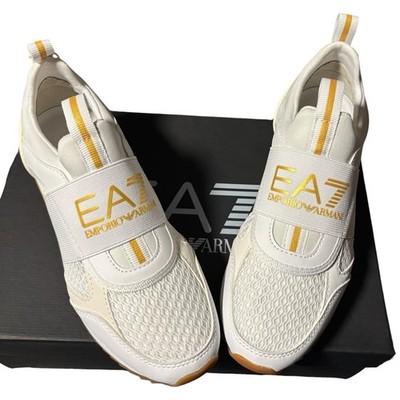 Emporio Armani EA7 Damen Woven Sneaker Gold Weiß B&W Schuhe (Größe UK 4) NEU