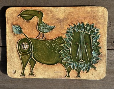 VTG MCM 1960s Hal Fromhold Bird & Lion Studio California Art Pottery Wall Plaque