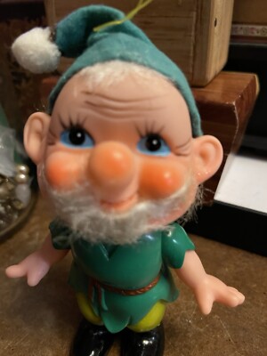 Vintage Gnome Elf pixie Ornament Japan Troll vinyl rubber Plastic  Green 5 
