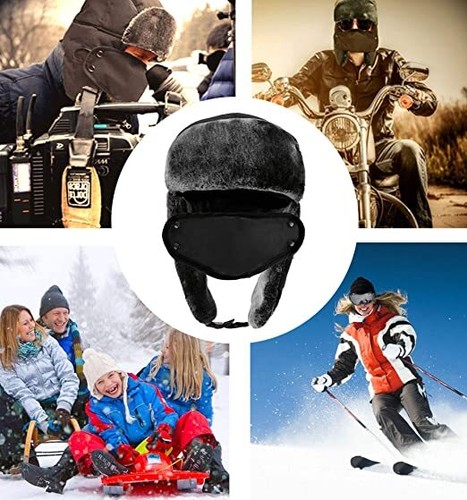 Mens Womens Winter Thermal Trapper Aviator Russian With Mask Warm Fur Ski Hats - Picture 8 of 25