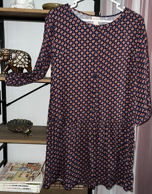 Mossimo Supply Co Rayon Drop Waist Long Sleeve Blue Print Tunic Dress  Large/L BN | eBay