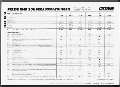 Fiat Tipo Prices & Optional Extras 1994 German Market Single Sheet Brochure 