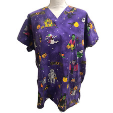 Simply Basic Women's Size Large Scrub Top Halloween Mummy Ghost Purple Pockets