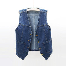 Femme Jeans Décontracté Gilet Manteau Court Débardeur sans Manche Col V