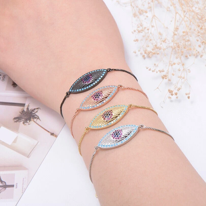 Large Evil Eye Pave Cubic Zirconia Rose Gold Thin Adjustable Bracelet - Image 2 of 4