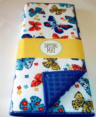 Vivid Butterflies Dish Drying Mat Microfiber Reversible To Solid Blue - Picture 4 of 5