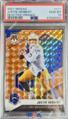 2021 Panini Mosaic Justin Herbert Reactive Orange #111 PSA 10 GEM