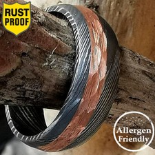 Customized Hammered 3mm Copper Inlay Damascus Steel Ring Mens Band Hand Forged